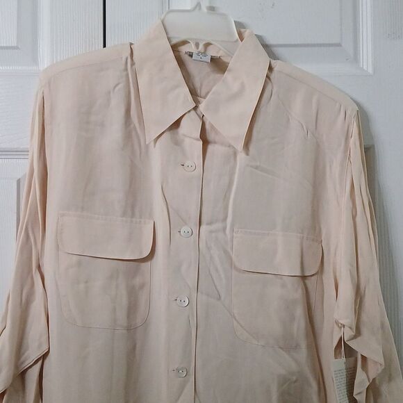 Anna Gray vintage tan button down long sleeve silk blouse Sz L NWT - Picture 3 of 9